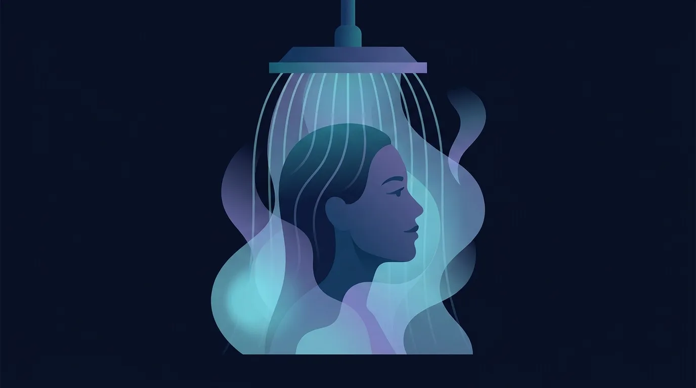 Editorial illustration of a person standing under a showerhead with cold water in dark navy and blue tones, conveying the morning cold shower habit