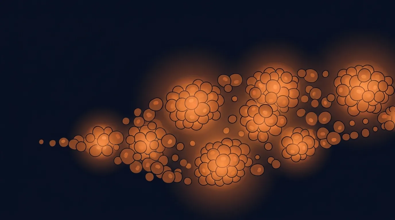 Editorial illustration showing brown adipose tissue cells activating in response to cold exposure, with subtle heat-glow indicating non-shivering thermogenesis