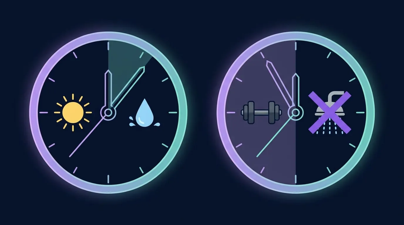 Editorial illustration showing the daily timing of a cold shower habit, with a small clock dial set to morning and a separate icon showing the post-workout window to avoid