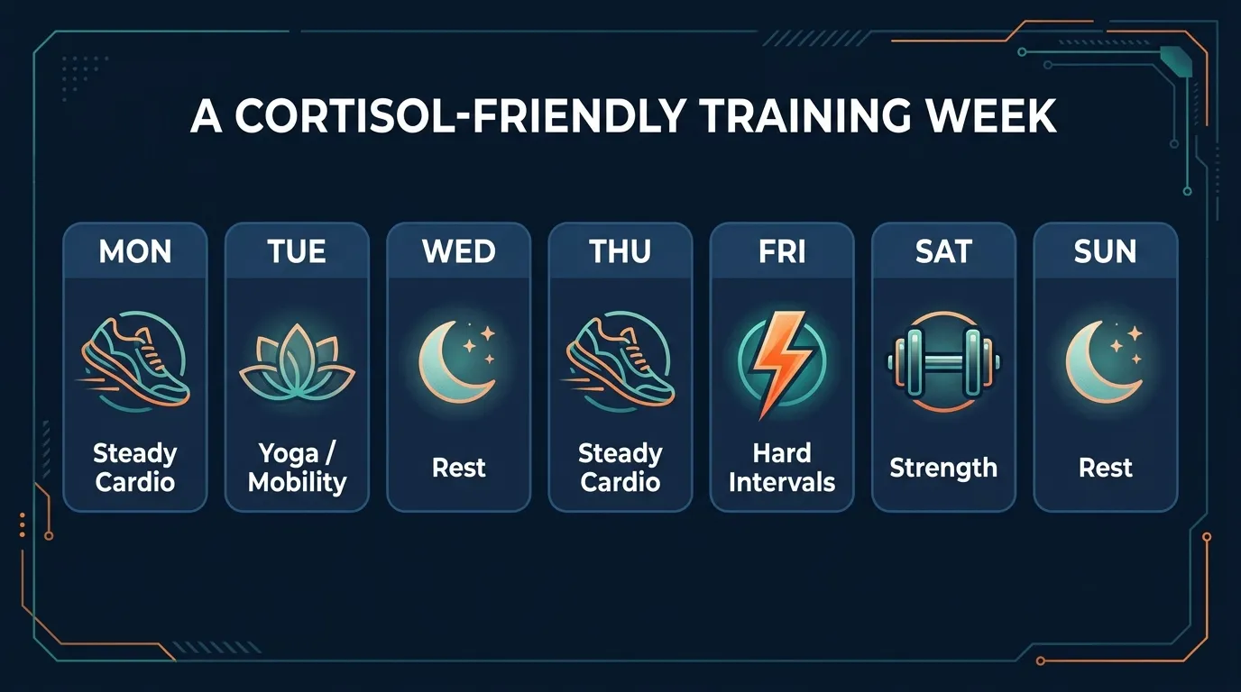 Weekly training plan illustration showing a balanced split of moderate aerobic sessions, one hard interval day, a yoga or mobility session, and rest days arranged across a seven-day calendar to support healthy cortisol regulation
