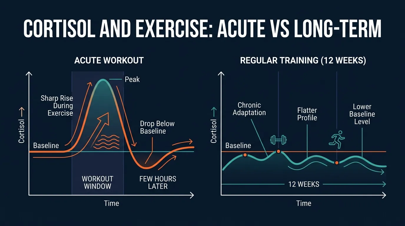 Conceptual illustration showing the cortisol curve rising during an acute workout and falling below baseline afterward, contrasted with a flatter long-term cortisol baseline in a regularly trained person