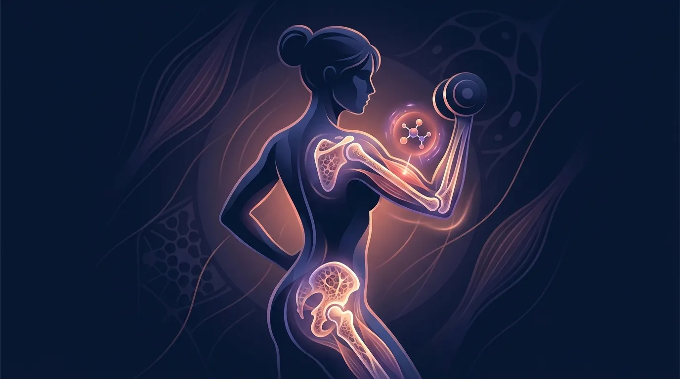 Ilustración editorial que muestra una estructura ósea densa apoyada por el entrenamiento de fuerza y la creatina, con una mujer posmenopáusica levantando pesas, simbolizando la preservación ósea