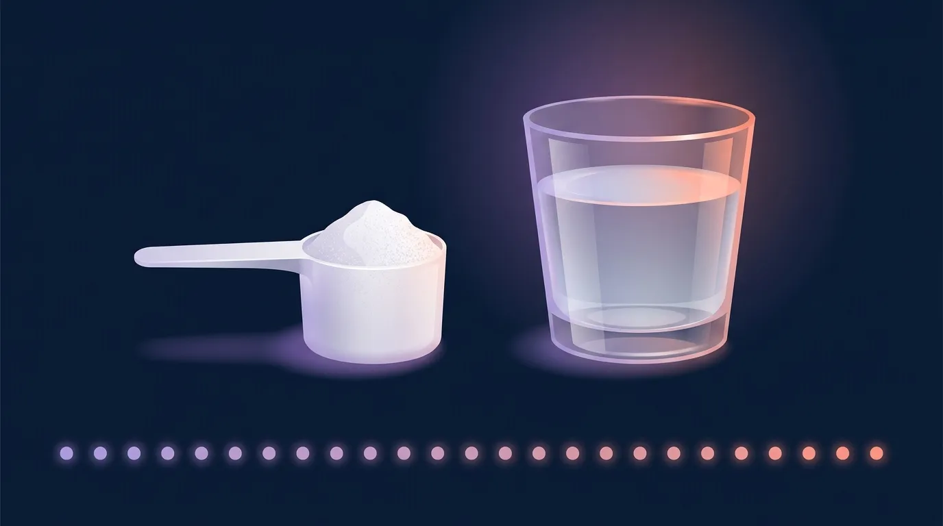Ilustración editorial de una pequeña cucharada diaria de creatina en polvo junto a un vaso de agua y un calendario que muestra consistencia diaria, ilustrando el sencillo protocolo de dosis diaria