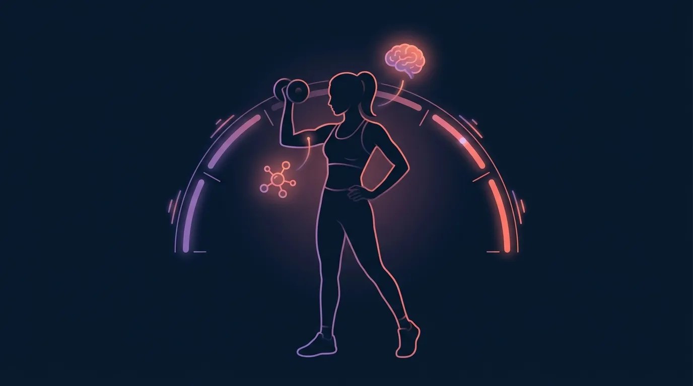 Ilustración editorial de una mujer levantando una mancuerna con moléculas de creatina y un ícono de cerebro brillando cerca, simbolizando los efectos de la creatina en músculo, hueso y cerebro a lo largo de la vida femenina