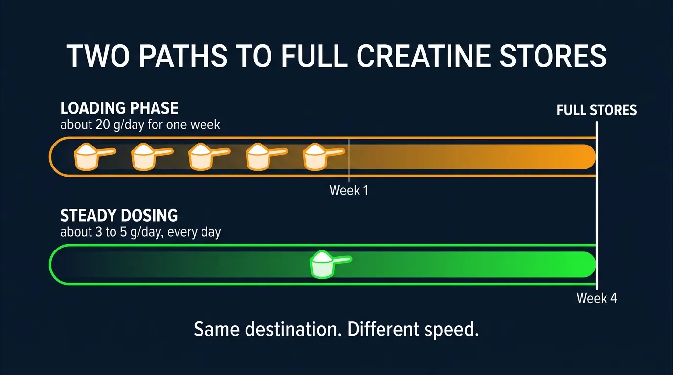 Editorial infographic comparing creatine loading versus daily maintenance dosing protocols, showing both reach the same muscle saturation level