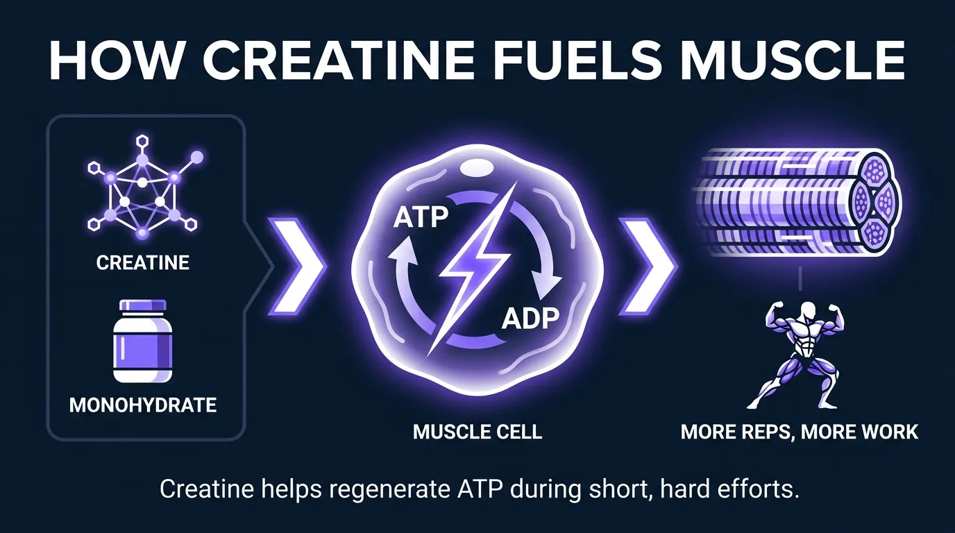 Editorial illustration showing creatine molecule, ATP energy cycle, and skeletal muscle fibers, explaining how creatine fuels short, intense effort
