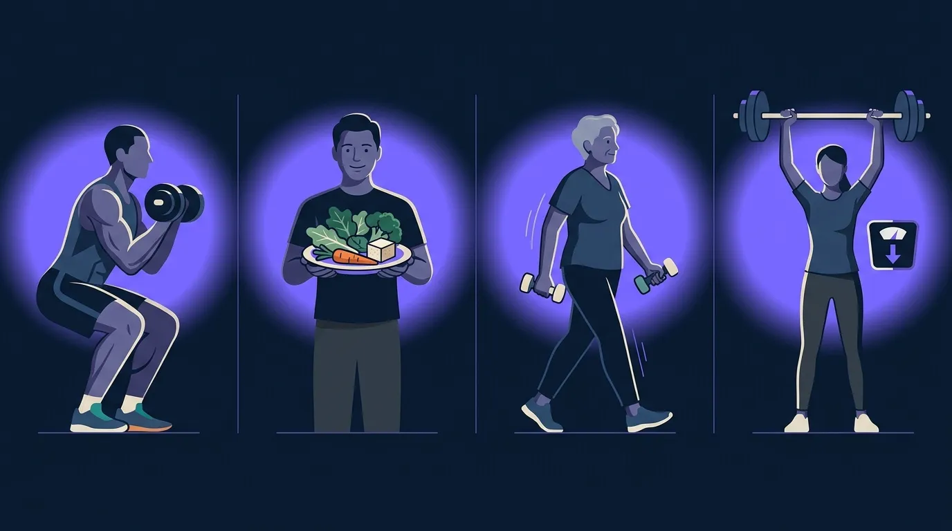 Editorial illustration showing four groups who benefit most from creatine: regular lifters, vegetarians, older adults, and people on calorie deficits