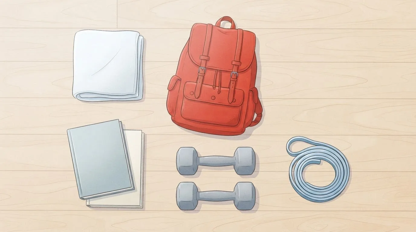 Vista cenital de una mochila rojo tomate, dos mancuernas hexagonales grises, una banda de resistencia azul pálido enrollada, dos libros de tapa dura lisos y una toalla blanca doblada sobre un suelo de abedul, formas cotidianas de lograr que las flexiones construyan músculo