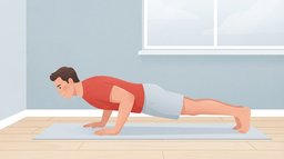 Side view of a man in a tomato-red t-shirt lowering into a push-up on a grey mat on a birch floor, elbows bent and body straight, the chest, shoulders and triceps doing the work