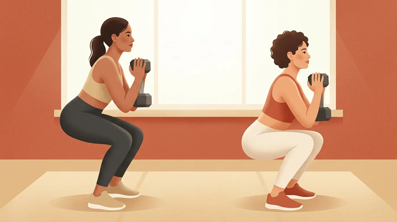 Two women of similar size squat side by side holding dumbbells at their chests, the one on the left stopping in a half squat with her thighs angled upward and the one on the right sitting deeper with her thighs parallel to the floor
