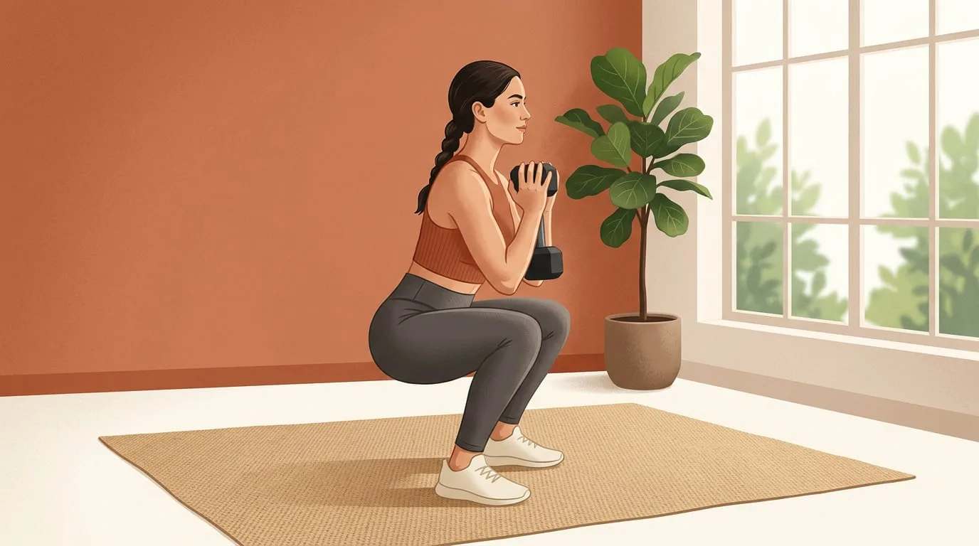 A woman holds one dumbbell at her chest in a goblet squat with her thighs parallel to the floor, in a sunlit home studio with a terracotta wall, a fig plant and a sand-colored rug