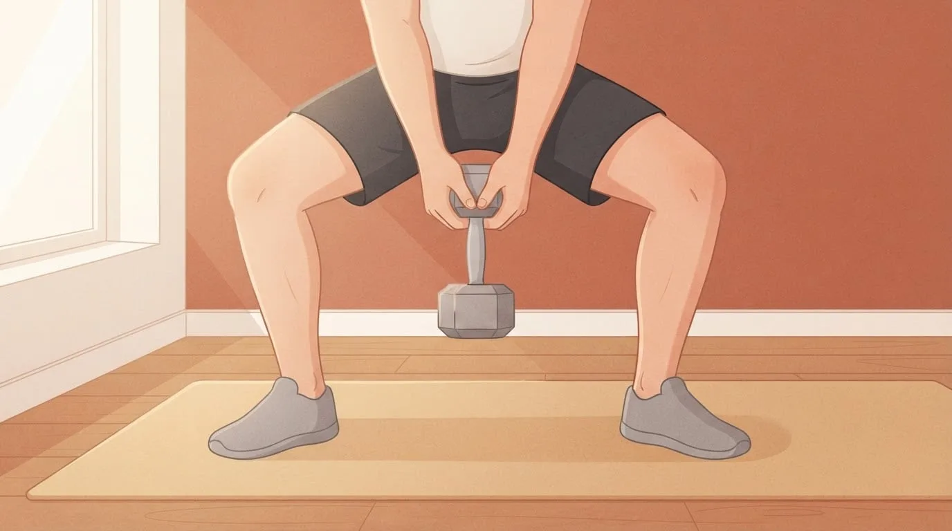 Close-up from knee height of a man in a wide sumo squat stance with toes turned out on a sand-colored mat, both hands holding one dumbbell that hangs between his legs