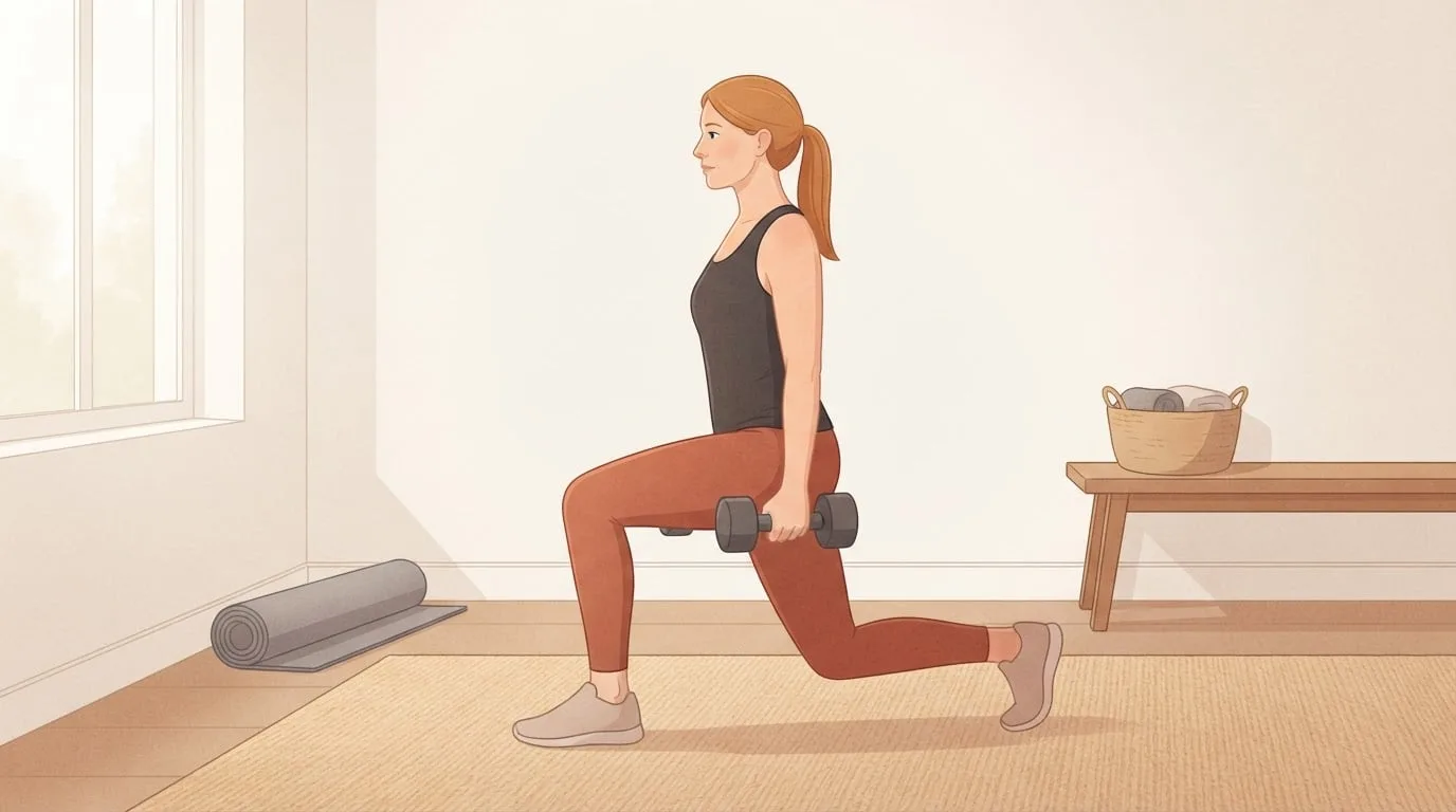A woman with an auburn ponytail in a charcoal tank top and terracotta leggings steps back into a reverse lunge holding dumbbells in a calm living room with soft window light