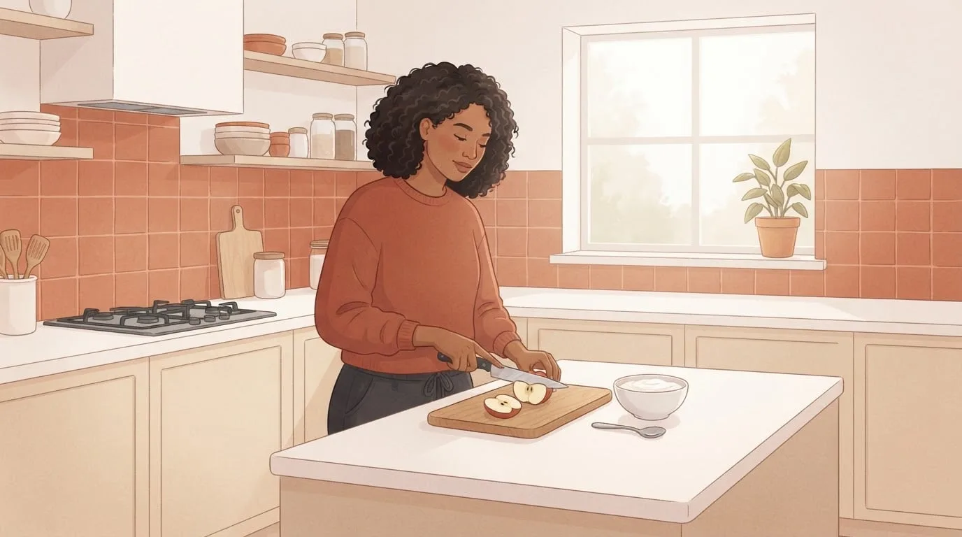 A woman with curly dark hair in a terracotta sweater slices an apple beside a bowl of yogurt in a sunlit kitchen, making a small snack for the hungrier days before her period
