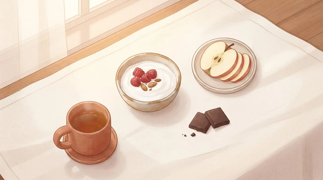 A bowl of yogurt with raspberries and almonds, a sliced apple, two squares of dark chocolate and a terracotta mug of tea on a linen tablecloth by a window, a planned snack for the days before a period