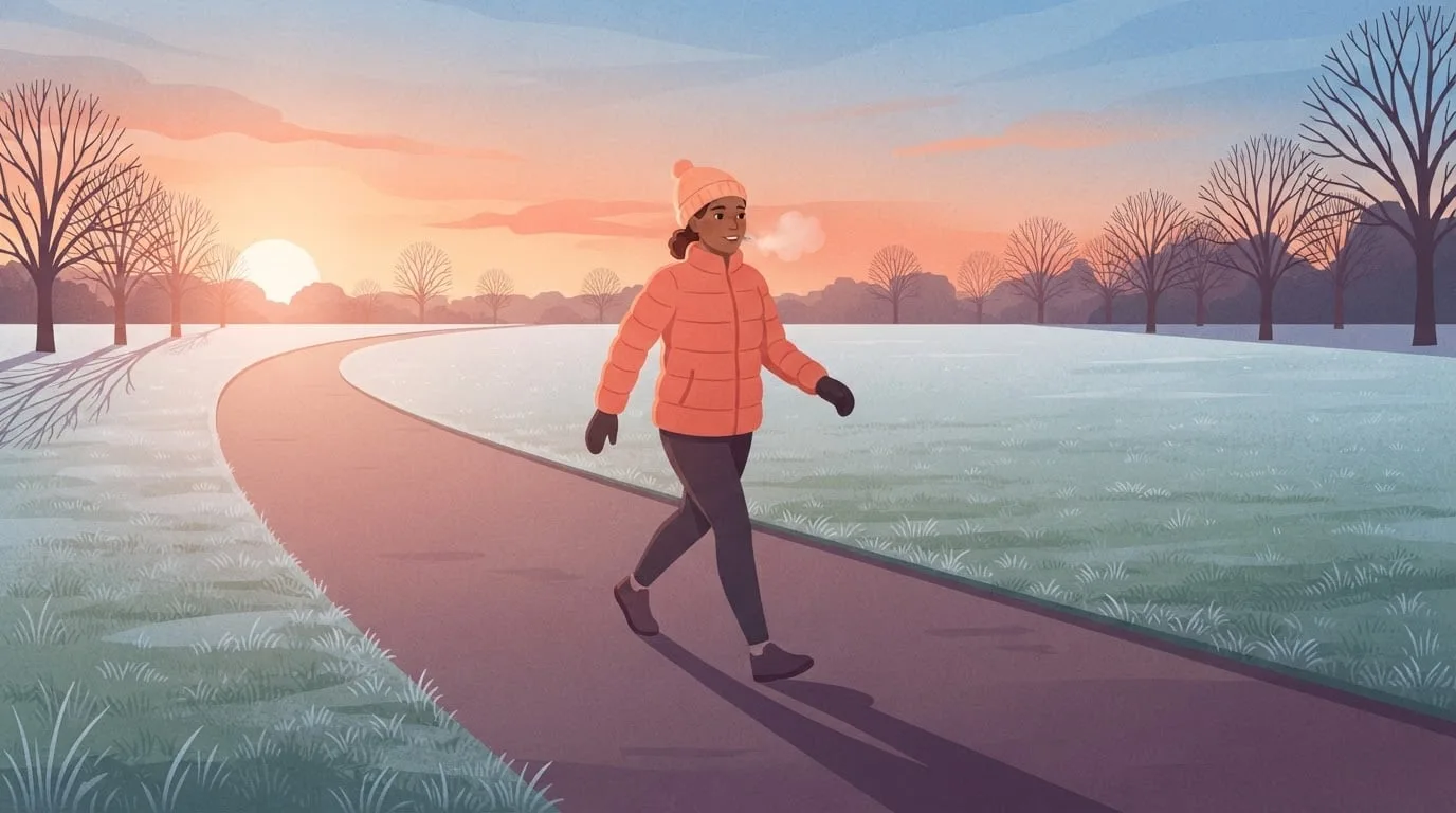 A woman in a coral puffer jacket walking briskly on a frosty park path at sunrise, her breath visible in the cold air that makes her body burn extra calories to stay warm