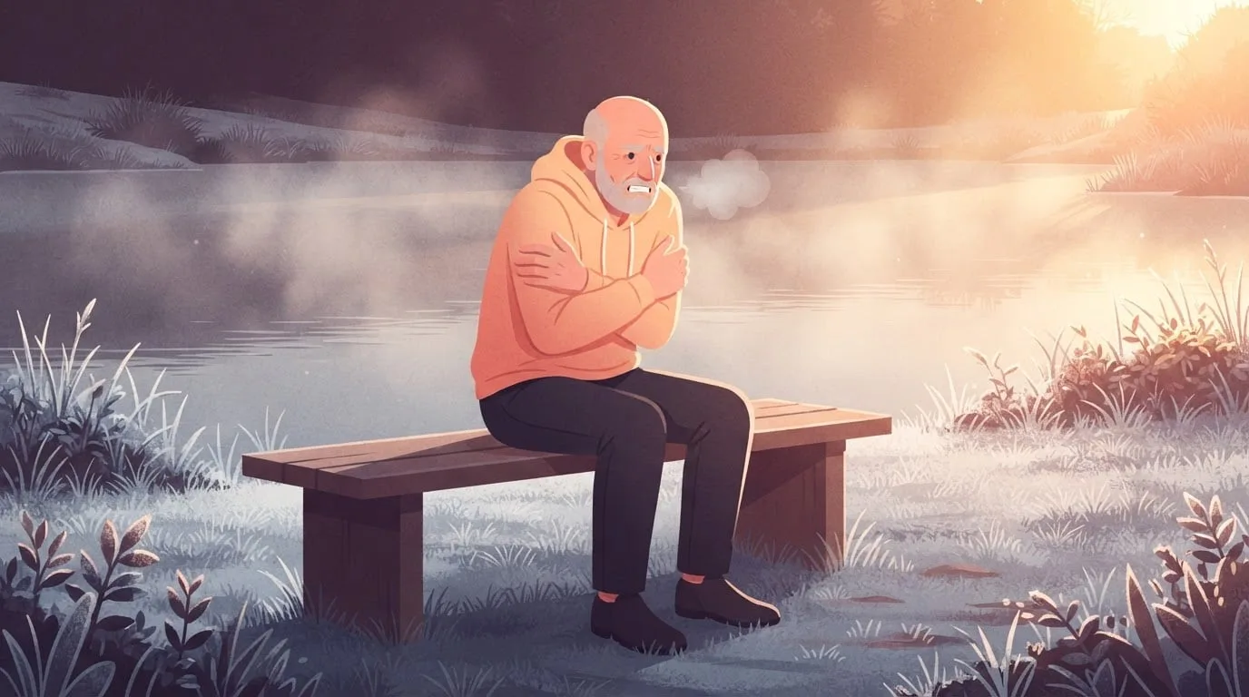 A man in his sixties in a thin hoodie hunched on a bench by a frosty lake at sunrise, arms wrapped around himself and shivering, the kind of cold that burns calories fastest