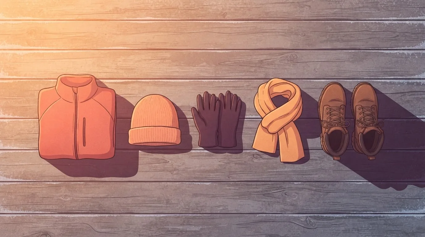 Overhead view of winter walking layers laid out on a frosty wooden porch at sunrise: a coral fleece, a peach knit hat, dark gloves, an apricot scarf and brown winter boots