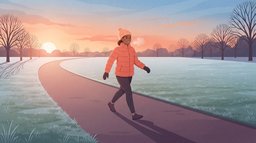 A woman in a coral puffer jacket walking briskly on a frosty park path at sunrise, her breath visible in the cold air that makes her body burn extra calories to stay warm