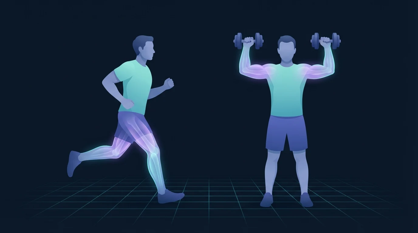 Illustration of one adult running and another pressing a pair of dumbbells overhead side by side, with the leg muscles of the runner and the shoulders and arms of the lifter glowing