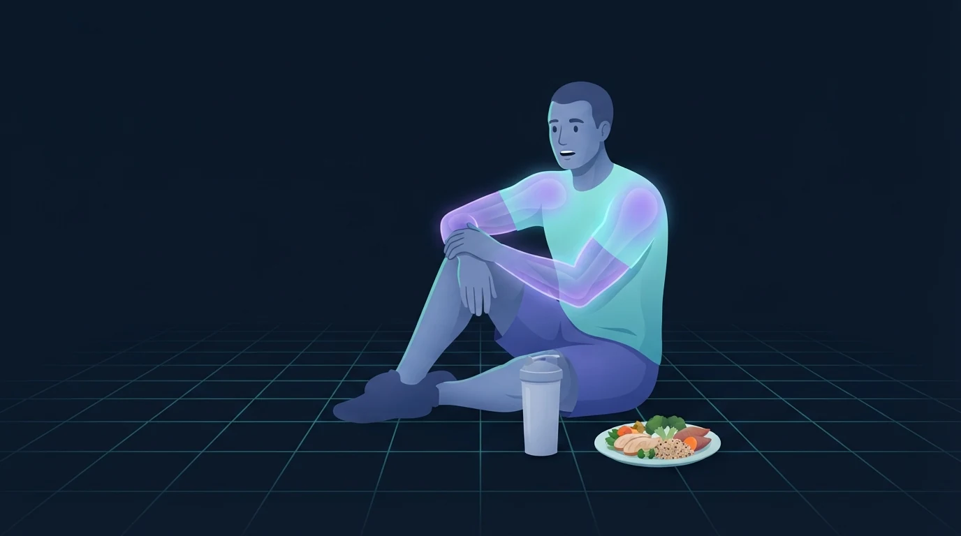 Illustration of an adult seated on the floor after training beside a plain shaker bottle and a plate of food, with the torso and arm muscles glowing to show protein-driven repair