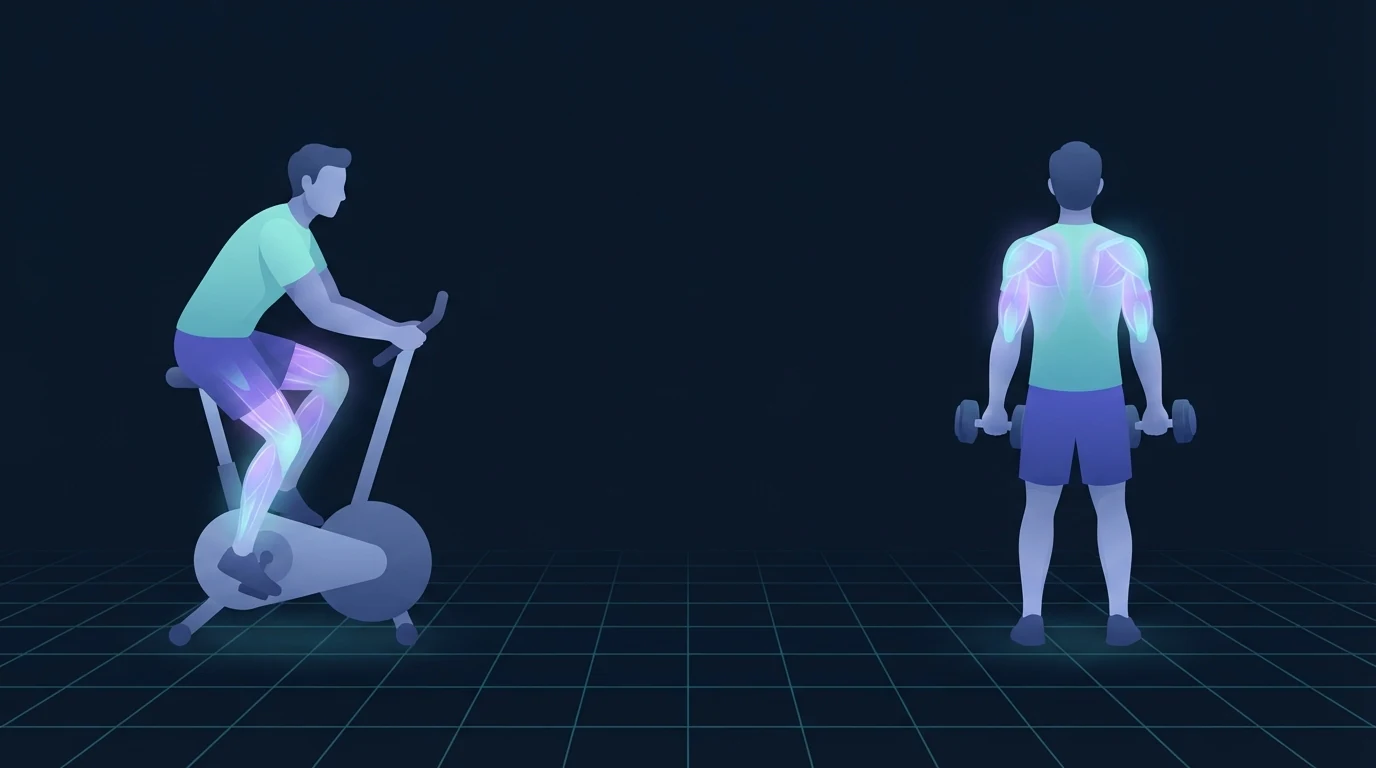Illustration of an adult cycling on a stationary bike on the left and an adult holding dumbbells on the right, separated by open space on a dark navy grid