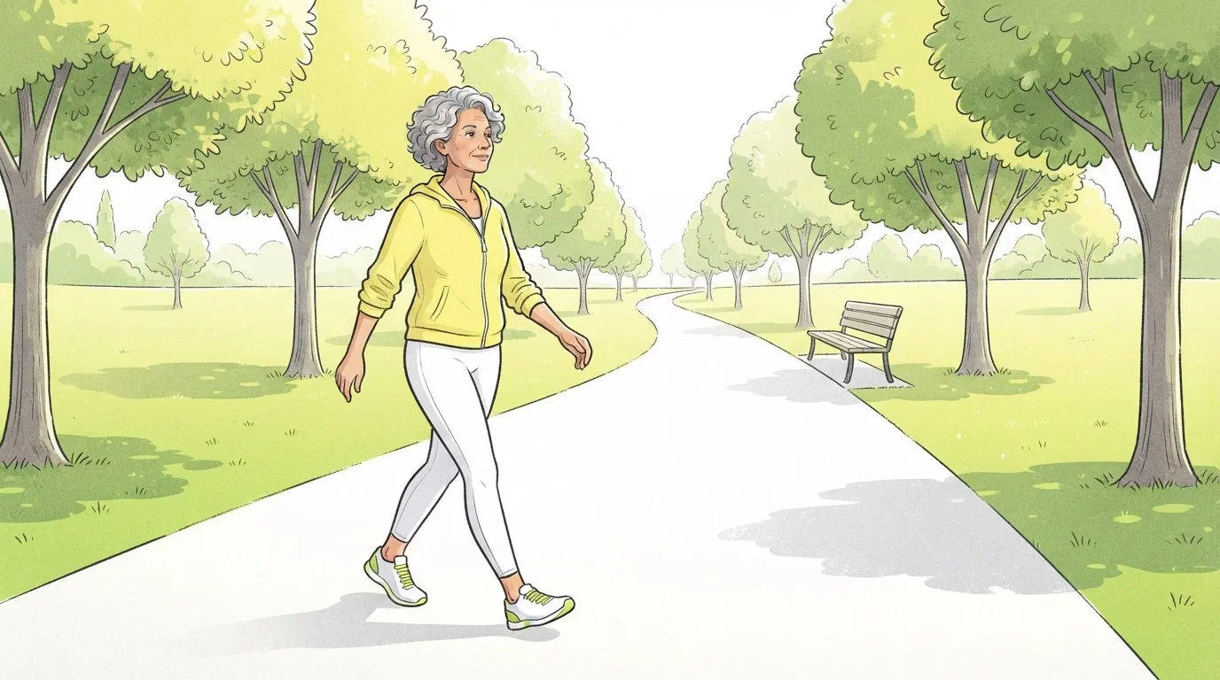 Una mujer de unos cincuenta años con rizos grises cortos caminando con paso ligero por un soleado sendero de parque bordeado de árboles, con chaqueta amarilla y zapatillas, balanceando los brazos a los lados