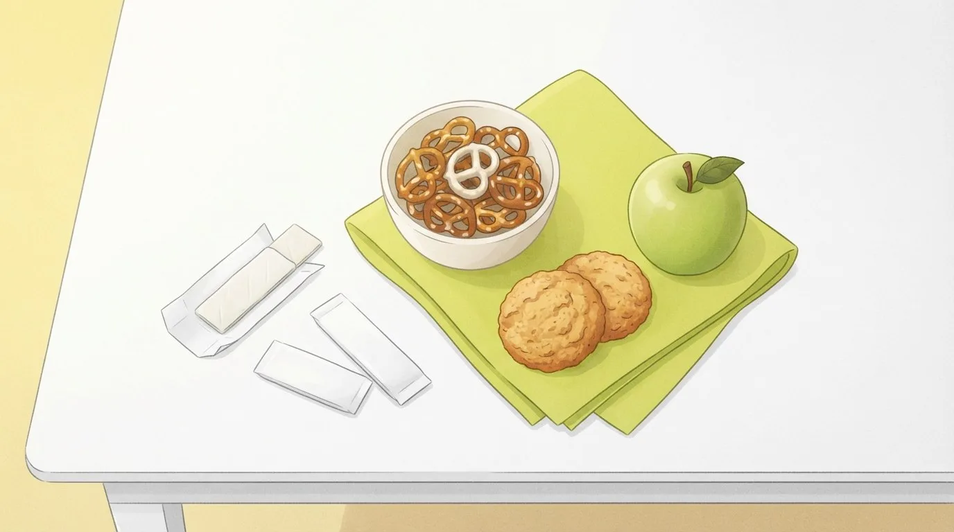 Vista cenital de tres chicles, uno medio desenvuelto, junto a un pequeño cuenco de pretzels, dos galletas y una manzana verde sobre una servilleta verde lima en una mesa blanca