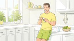 A man in his thirties leaning on a sunny kitchen counter, putting a stick of chewing gum in his mouth as he unwraps it from a plain white wrapper, with a glass of water and a bowl of limes beside him