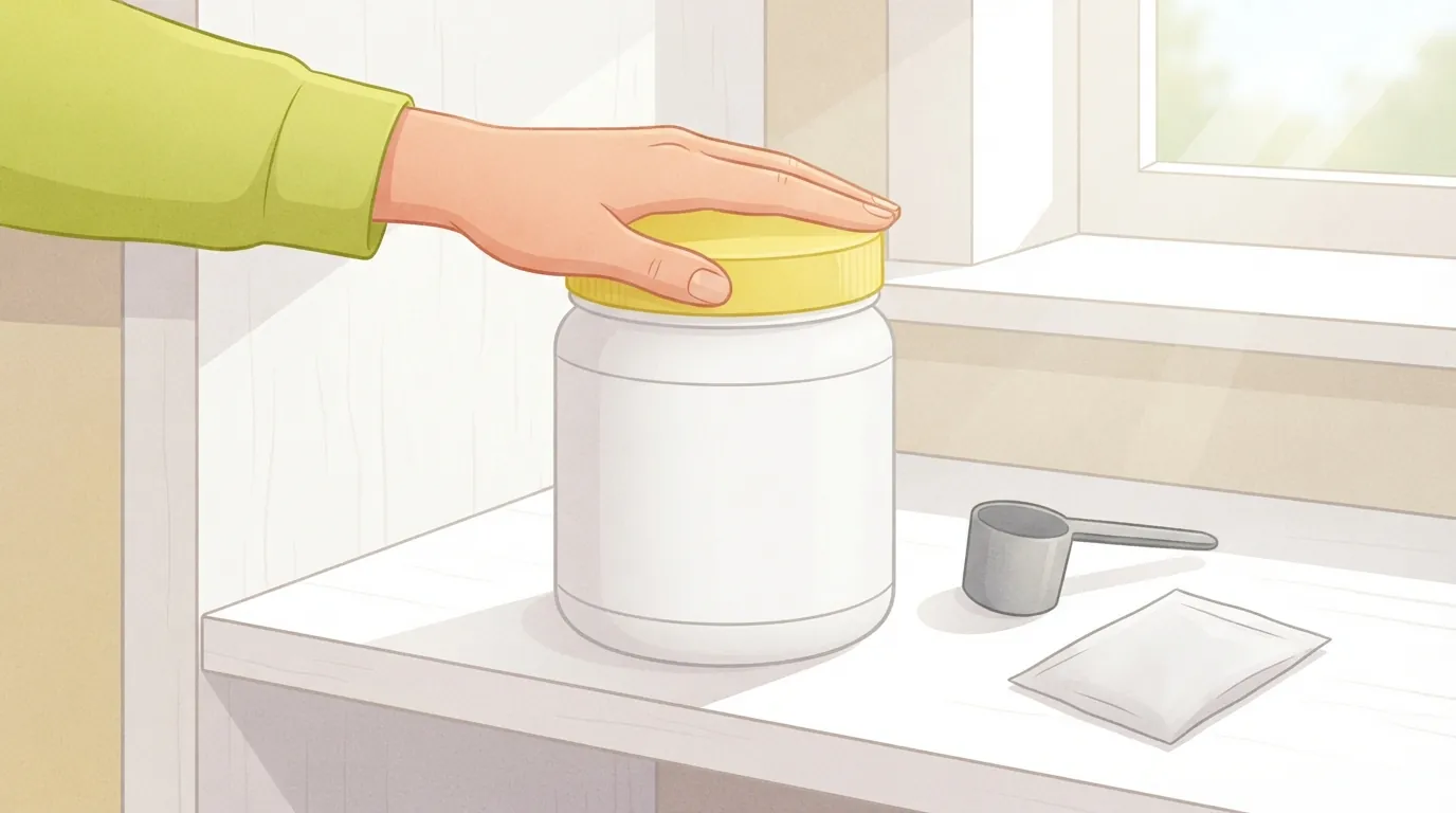 Close de uma mão pressionando uma tampa amarelo-limão sobre um pote branco simples de creatina em uma prateleira de despensa, com uma colher seca e um pequeno sachê dessecante sem marca ao lado