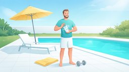 A man in his thirties in a turquoise t-shirt shaking a clear bottle of water and white creatine powder on a sunny patio beside a pool, a towel and a plain dumbbell at his feet