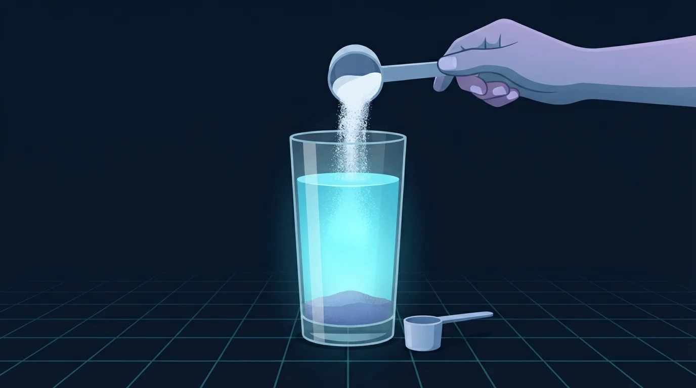 Ein Löffel weißes Pulver kippt in ein hohes Glas Wasser, der größte Teil in einer leuchtenden cyanfarbenen Suspension gelöst, während sich eine körnige ungelöste Schicht am Boden absetzt, ein kleinerer Löffel liegt neben dem Glas