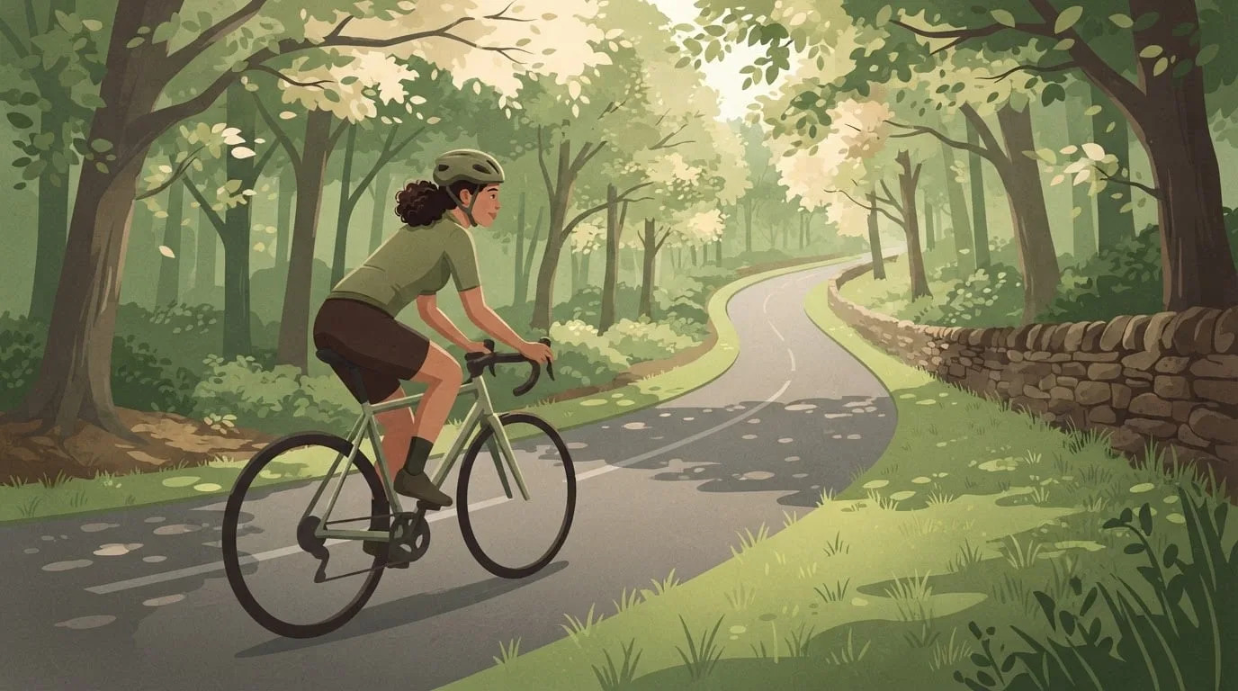 A woman with curly dark hair in an olive jersey rides a plain road bike up a quiet lane through a sunlit beech wood, her thigh muscles working on the gentle climb