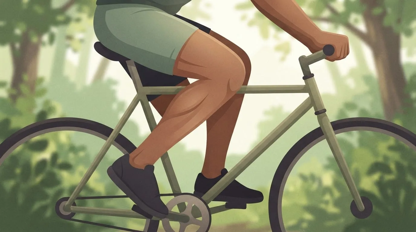 Side view from the waist down of a cyclist in sage green shorts on a plain olive bike, the front leg pushing its pedal forward and down with the front of the thigh tensed on a wooded path