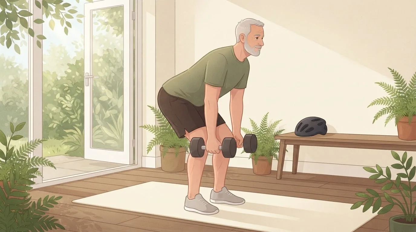 A grey-bearded man in his sixties does a dumbbell Romanian deadlift on a cream mat in a sunny garden room, a cycling helmet resting on a wooden bench behind him