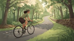 A woman with curly dark hair in an olive jersey rides a plain road bike up a quiet lane through a sunlit beech wood, her thigh muscles working on the gentle climb
