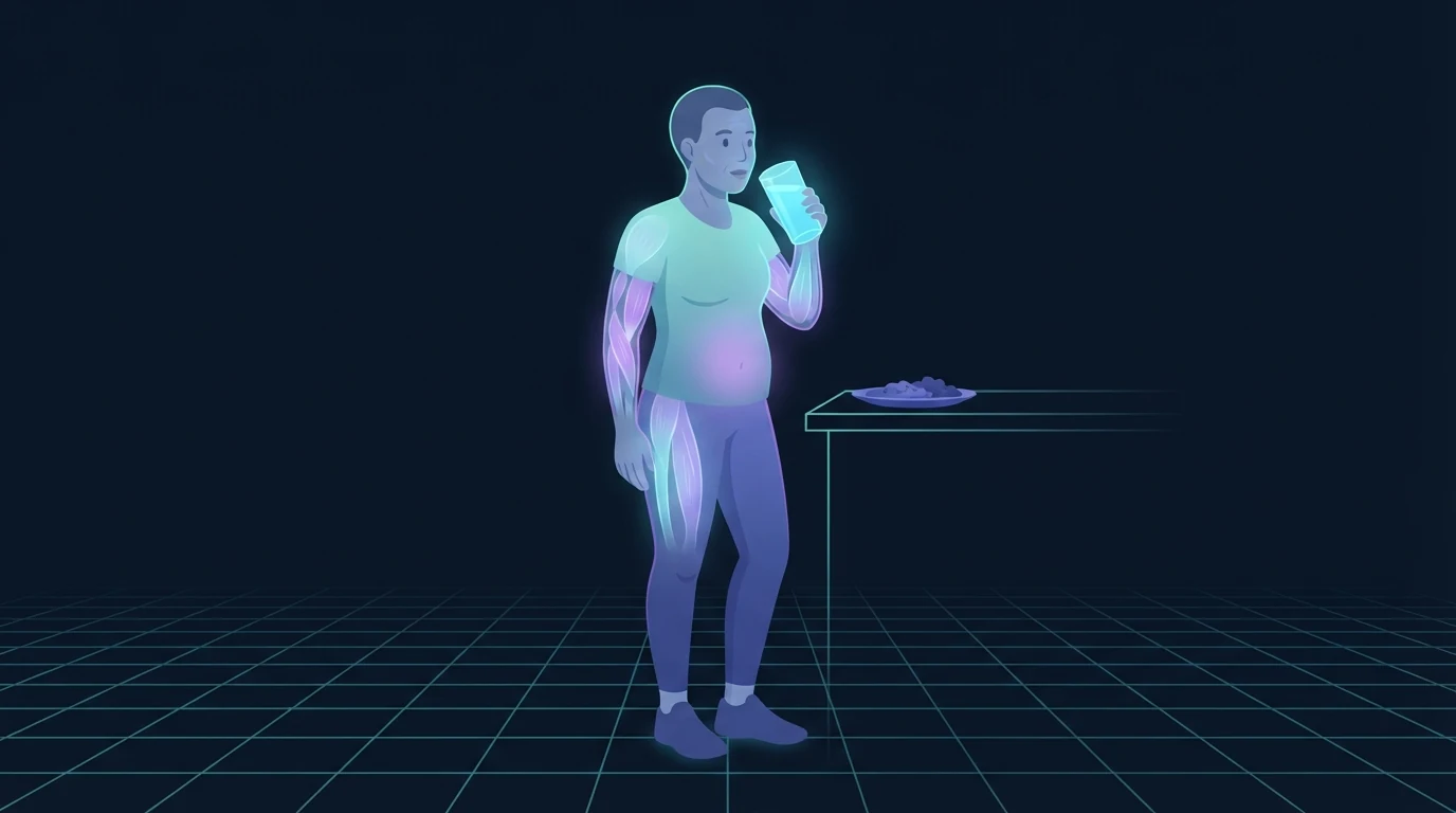 Um adulto de pé no balcão da cozinha bebendo um copo alto de água antes de um prato de comida, com o copo e o estômago iluminados para mostrar a pré-carga de água antes da refeição