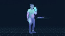 Um adulto de pé no balcão da cozinha bebendo um copo alto de água antes de um prato de comida, com o copo e o estômago iluminados para mostrar a pré-carga de água antes da refeição