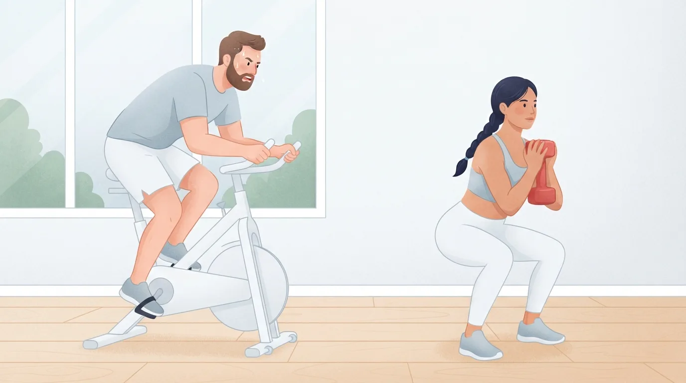 Ilustração lado a lado de um homem fazendo sprint em uma bicicleta ergométrica e de uma mulher segurando um halter vermelho junto ao peito em um agachamento goblet, ambos no mesmo estúdio tranquilo com piso de bétula