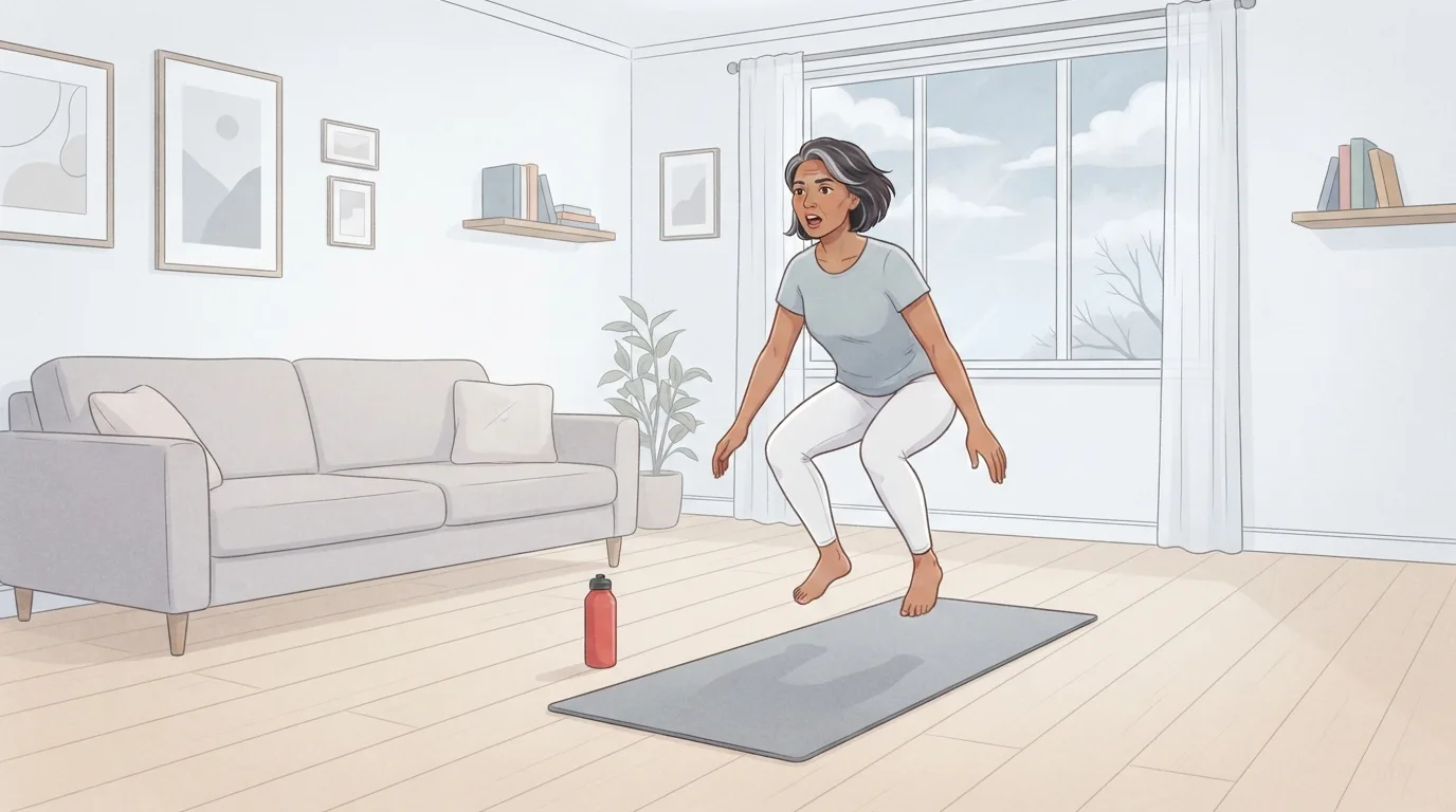 Uma mulher na casa dos quarenta no ar no meio de um agachamento com salto ao lado de um tapete cinza em uma sala iluminada com piso de bétula, com uma garrafa de água vermelha no chão por perto