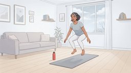 A woman in her forties in the air mid jump squat beside a grey mat in a bright living room with a birch floor, a red water bottle on the floor nearby
