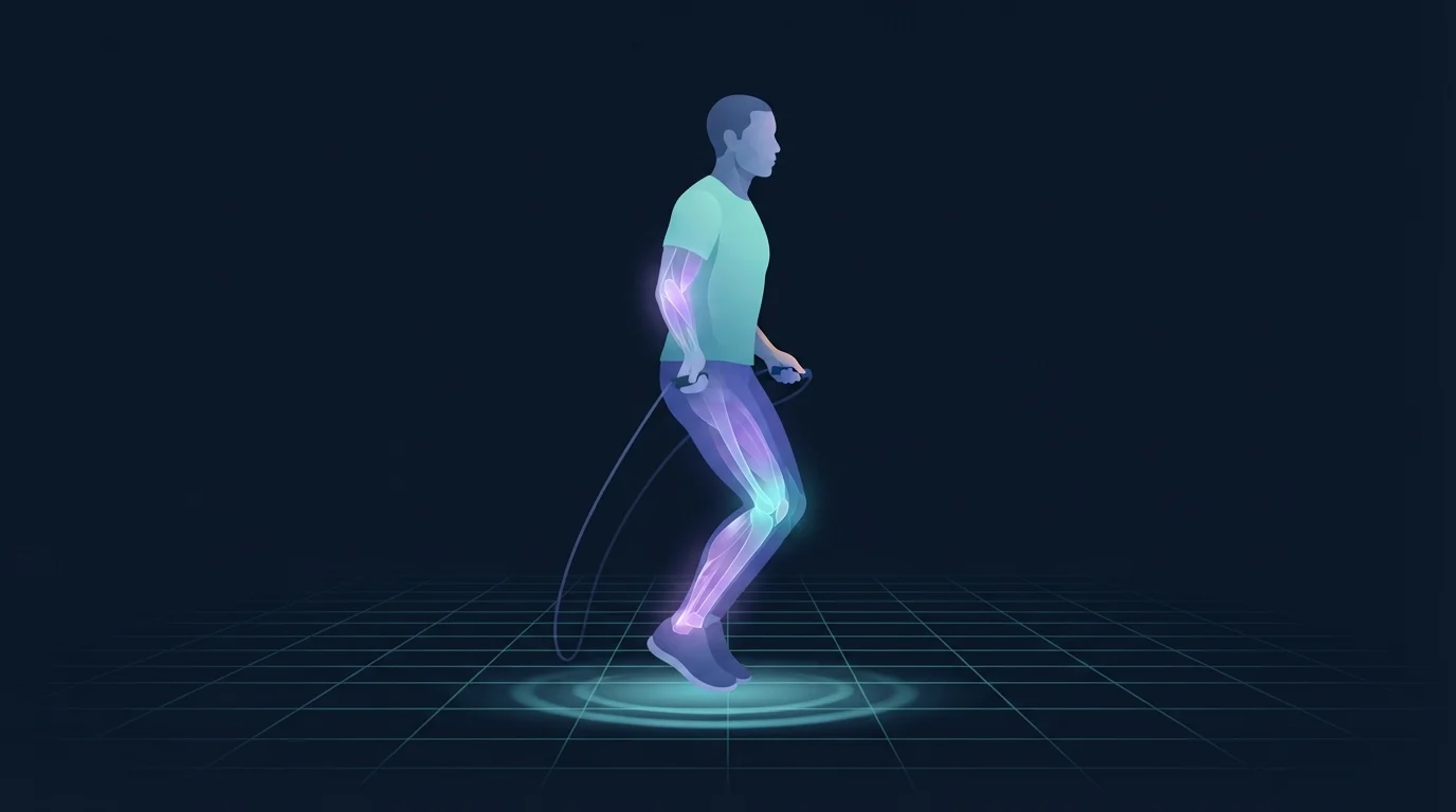 Side view illustration of an adult landing from a rope skip with knees and ankles bent to absorb the landing and a ripple spreading along the floor, showing impact force