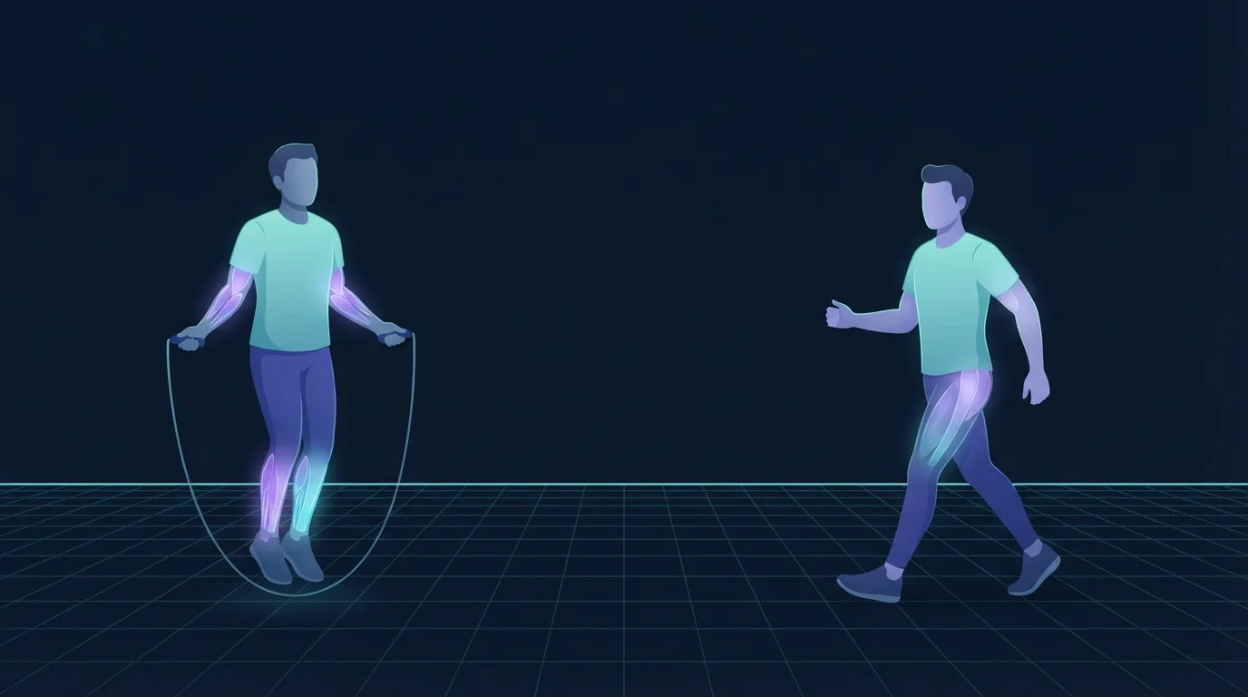 Illustration comparing an adult skipping with a jump rope beside an adult walking briskly, with the skipper's calves glowing more brightly to show the higher energy cost