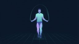 Illustration of an adult mid-skip with a jump rope, feet just off the floor and the calves and quadriceps glowing to show the working muscles