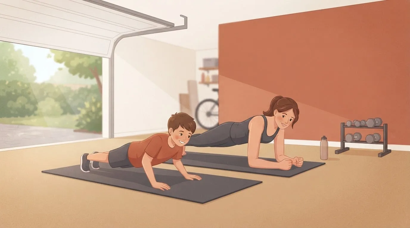 Una madre sostiene una plancha de antebrazos mientras su hijo pequeño hace una flexión en la esterilla a su lado en un gimnasio casero en un garaje soleado, con un pequeño soporte de mancuernas contra una pared color terracota