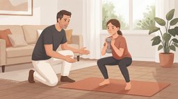 A teenage girl does a goblet squat holding one light dumbbell at her chest on a terracotta mat in a sunlit living room while her father kneels beside her and coaches her form