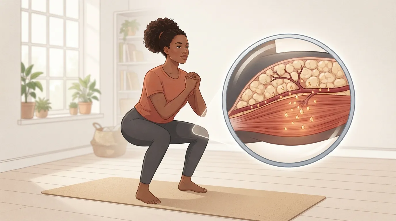 Uma mulher segura um agachamento com o peso do corpo em um estúdio em casa ao lado de um corte transversal circular ampliado da coxa dela, onde gotículas douradas de gordura viajam de células de gordura pálidas através de um vaso sanguíneo até fibras musculares cor de terracota