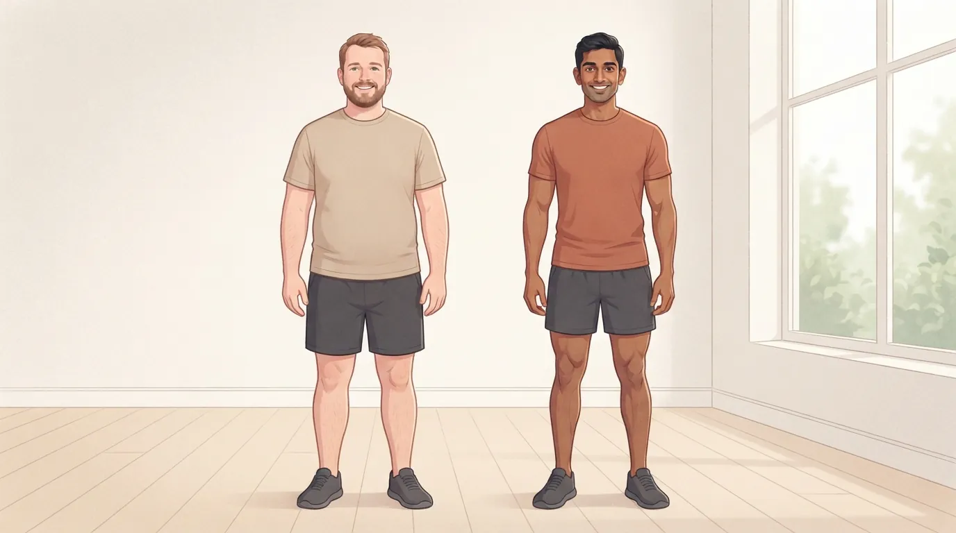 Dois homens da mesma altura e peso parecido em pé lado a lado em um estúdio iluminado pelo sol, um mais mole na região central com uma camiseta bege e o outro mais definido com mais músculo visível em uma camiseta terracota, ambos relaxados e sorrindo