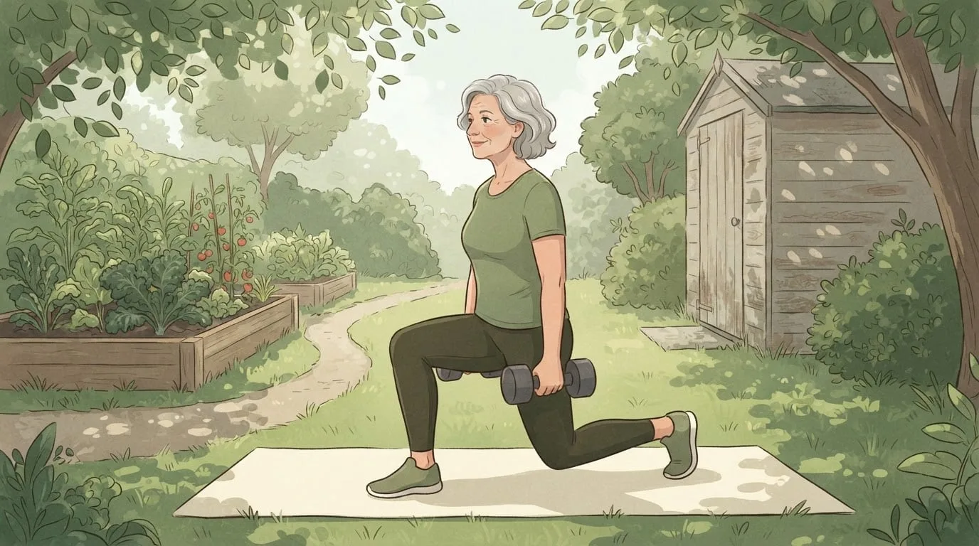Medium view of a woman in her sixties with grey hair doing a dumbbell split squat on a cream mat in a leafy backyard beside a vegetable bed and a wooden shed