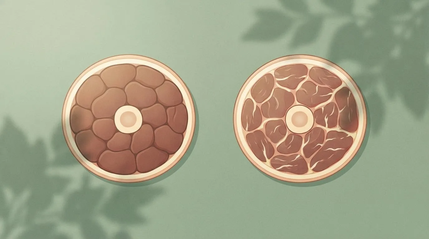 Two illustrated cross-sections of a thigh side by side on a sage-green background, the left with tightly packed muscle bundles around the bone and the right with slightly smaller bundles separated by pale streaks of intermuscular fat